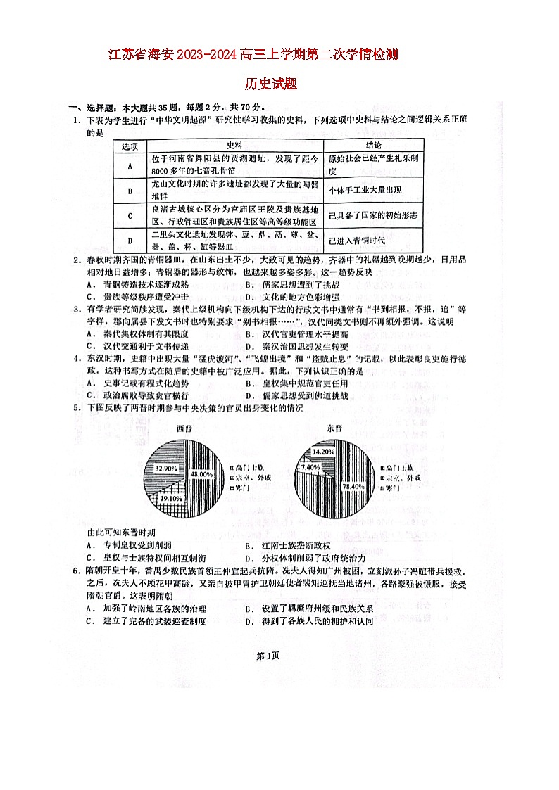 江苏省海安2023_2024高三历史上学期10月月考试题无答案01
