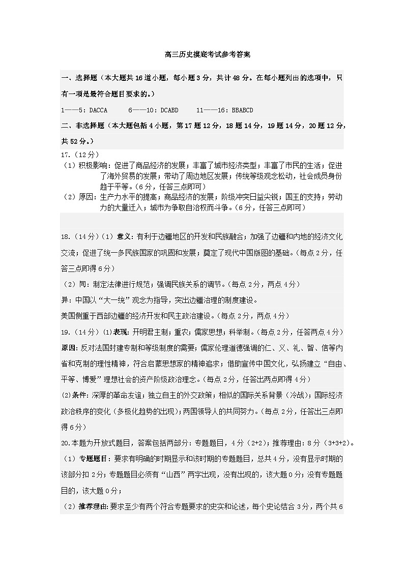山西省运城市2024-2025学年高三上学期9月摸底调研测试历史01