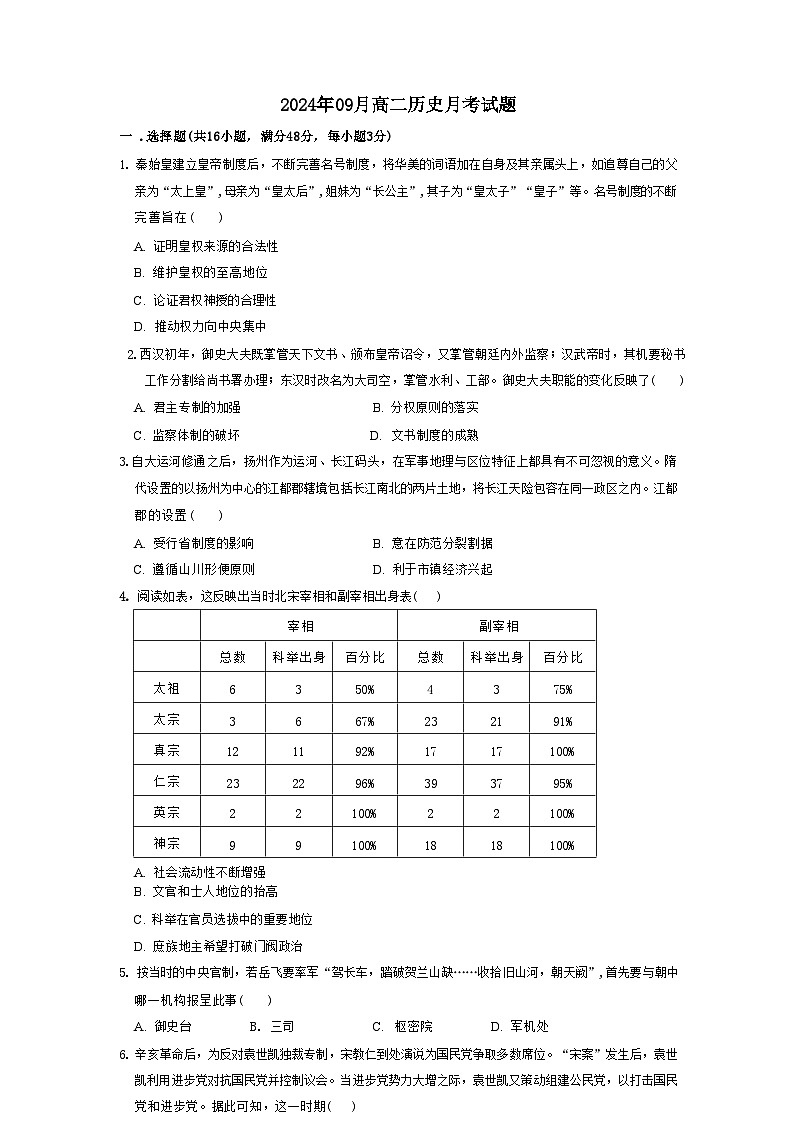 湖南省岳阳市岳阳县第一中学2024-2025学年高二上学期9月月考历史试题01