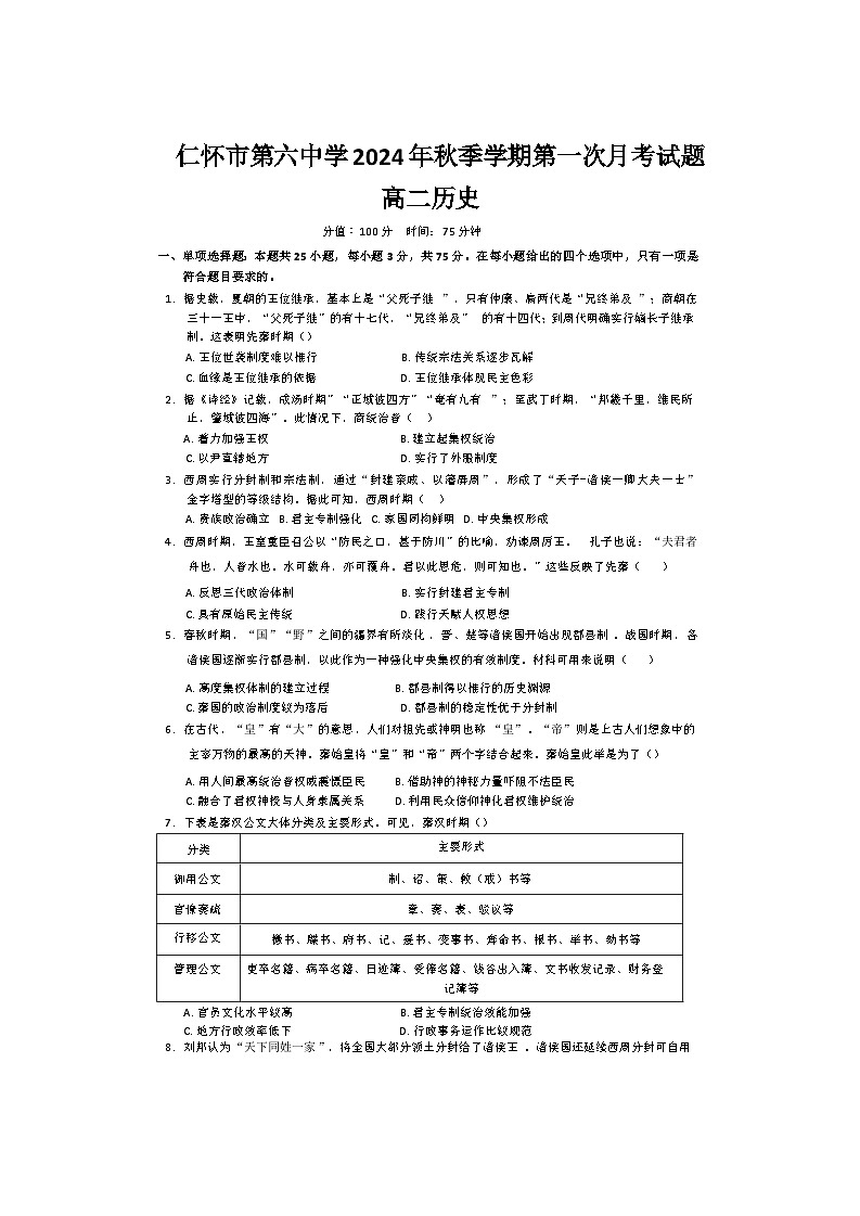 贵州市仁怀市第六中学2024-2025学年高二上学期9月月考历史试题第1页