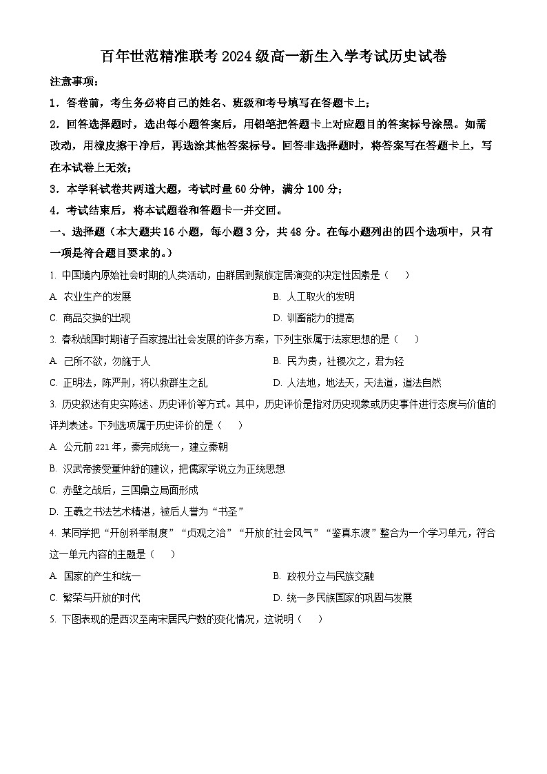 湖南省名校联盟2024-2025学年高一上学期开学考试历史试题 Word版无答案第1页