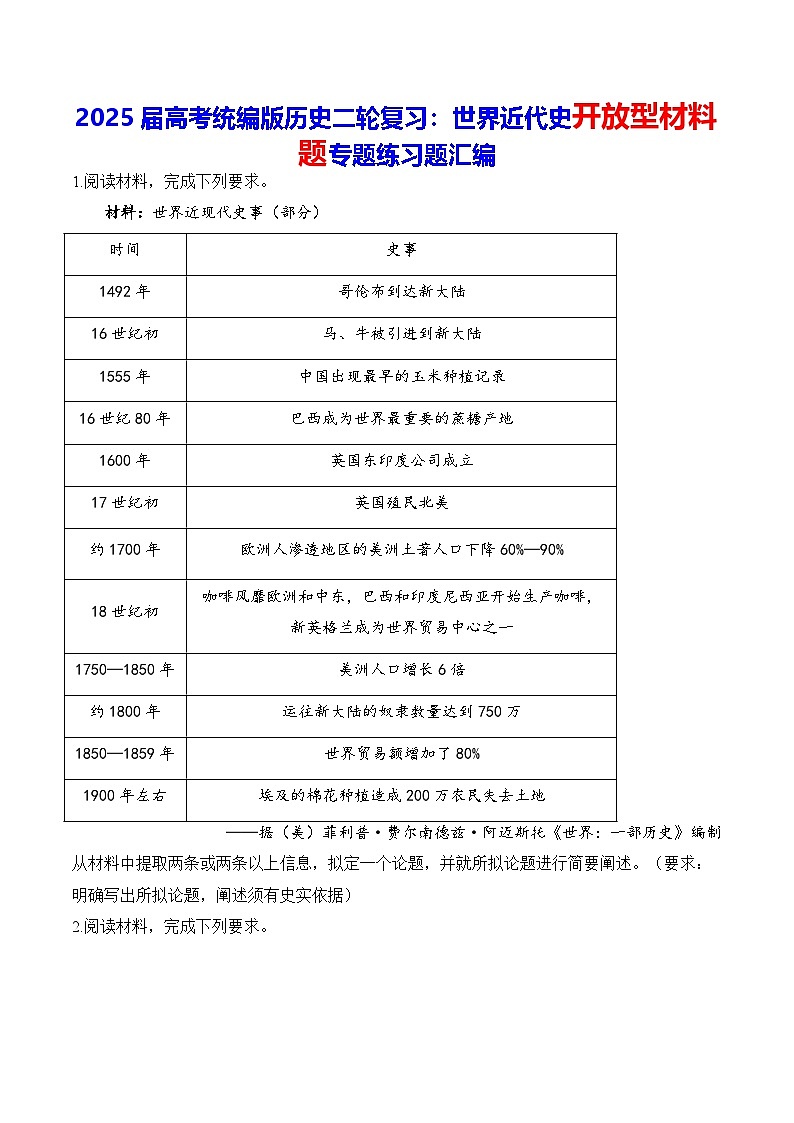 2025届高考统编版历史二轮复习：世界近代史开放型材料题专题练习题汇编（含答案解析）01