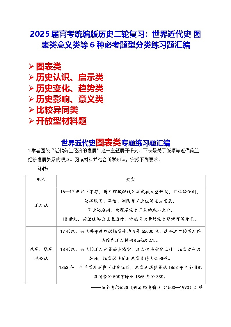 2025届高考统编版历史二轮复习：世界近代史 图表类意义类等6种必考题型分类练习题汇编（含答案解析）01