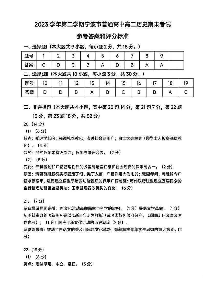宁波市2023学年高二第二学期期末考试+历史试卷（含答案）01