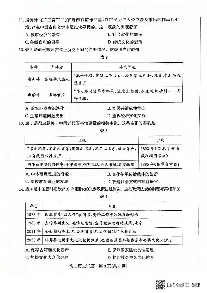 山东省滨州市2023-2024学年高二下学期期末考试+历史试卷第3页