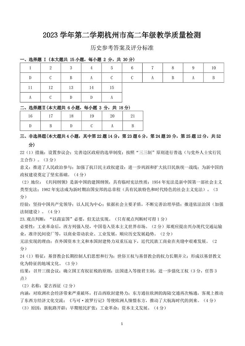 浙江省杭州市2023-2024学年高二下学期期末教学质量检测+历史试卷（含答案）01