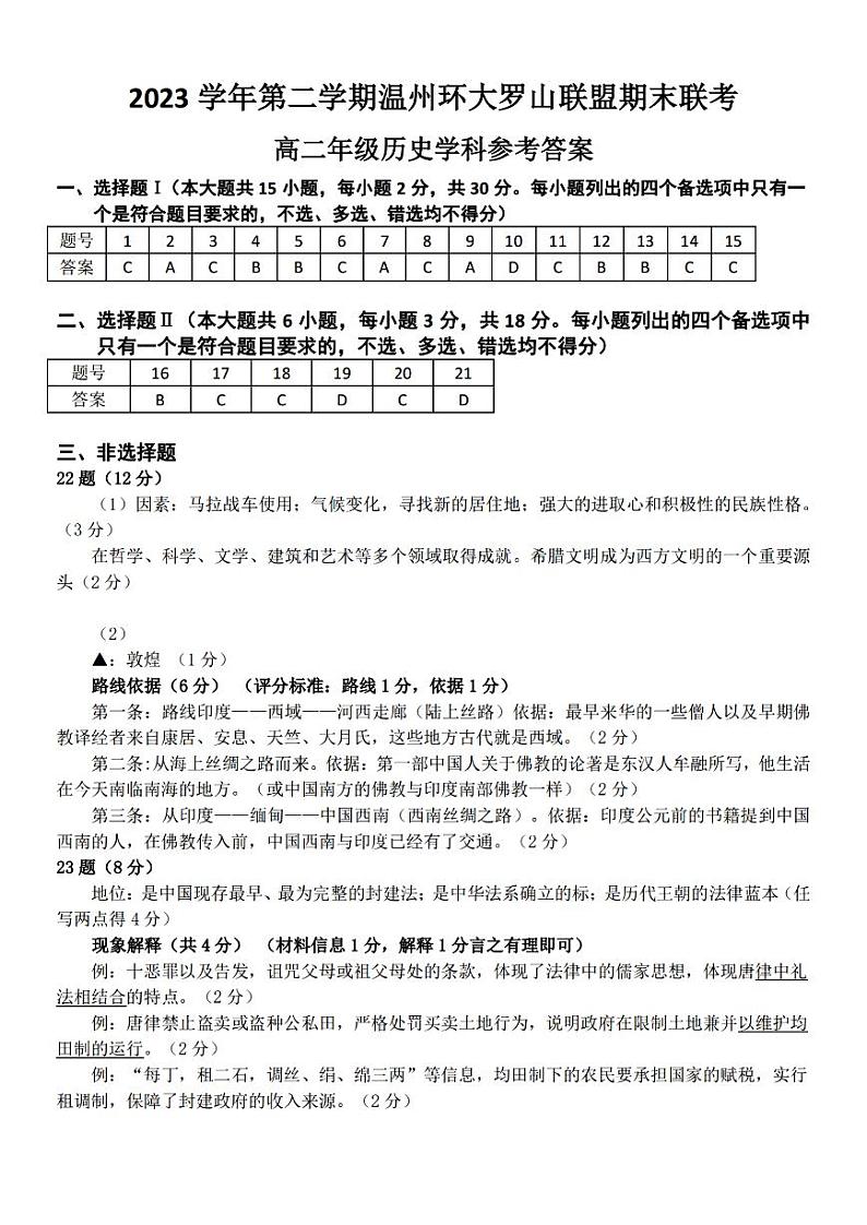浙江省温州环大罗山联盟2023学年高二第二学期期末联考历史试卷（含答案）01