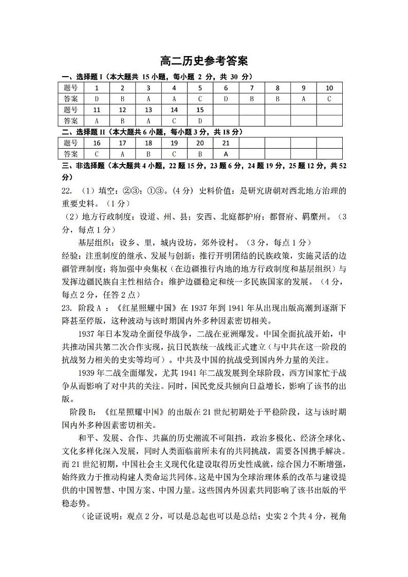 舟山市2023-2024学年高二第二学期期末检测+历史试卷（含答案）01