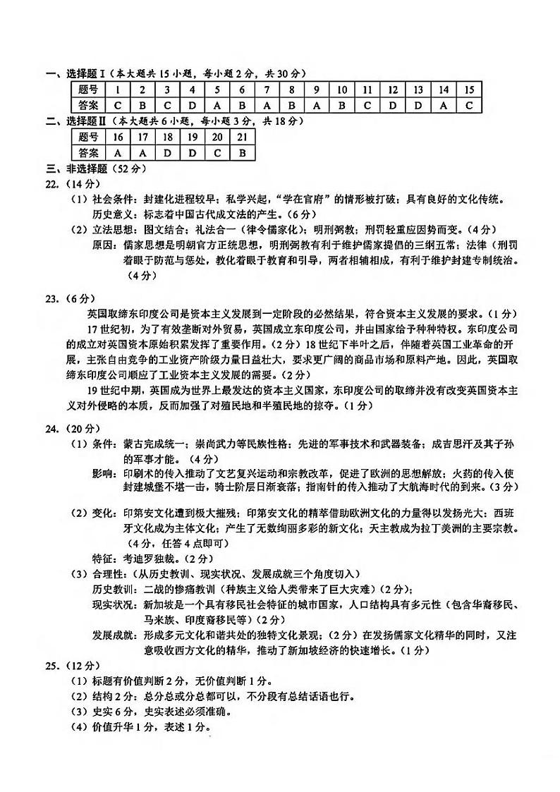 衢州市2024年6月高二第二学期期末教学质量检测+历史试卷（含答案）01
