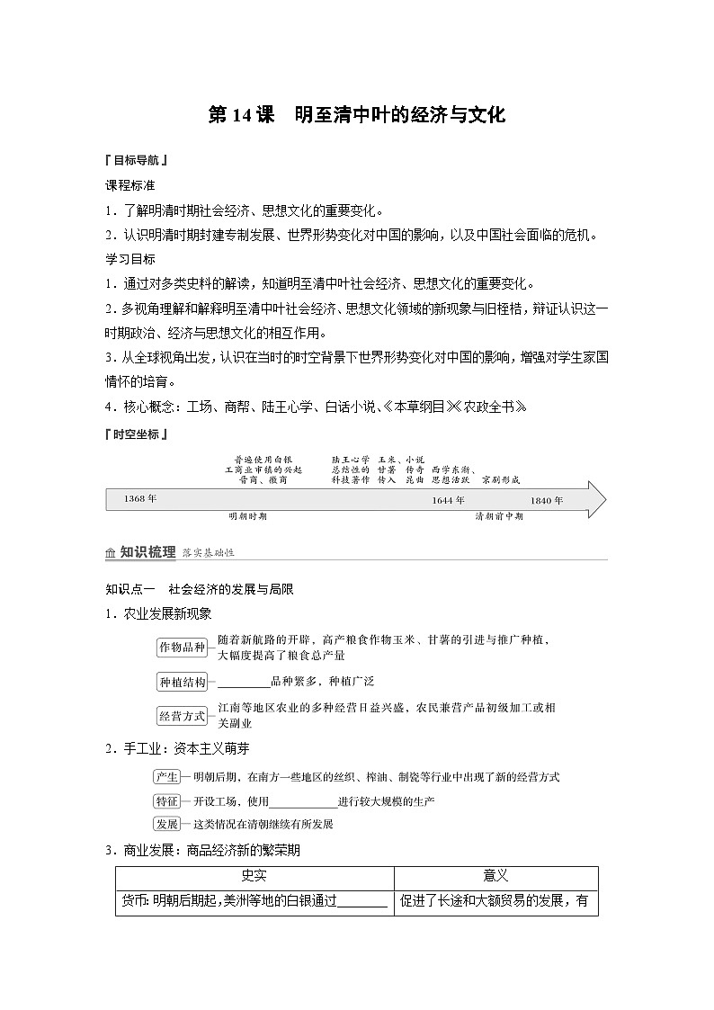 2024-2025学年纲要上 第四单元　第14课　明至清中叶的经济与文化 学案01