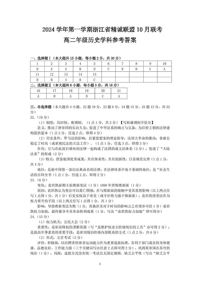 2024学年第一学期浙江省精诚联盟10月联考高二历史试题答案第1页