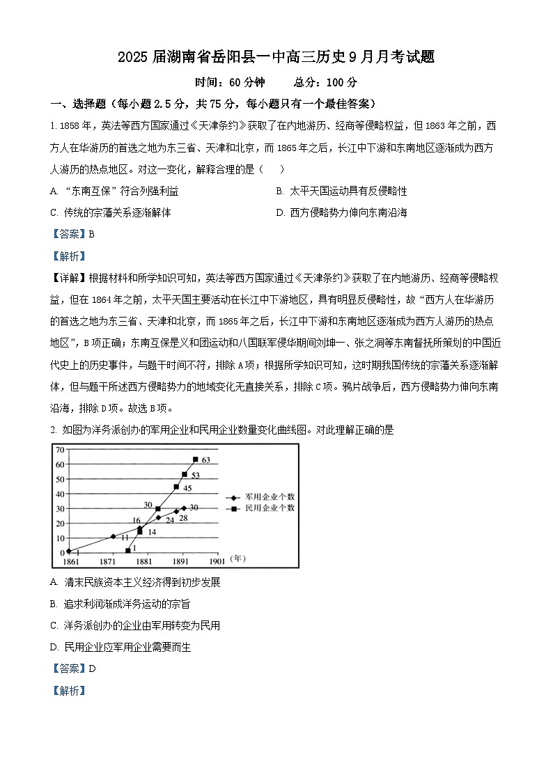 湖南省岳阳市岳阳县第一中学2025届高三上学期9月月考历史试题 Word版含解析第1页