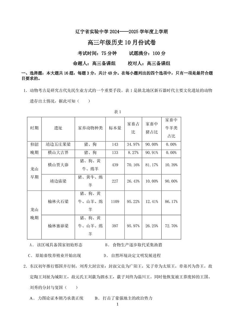高三第一次月考中国历史第1页