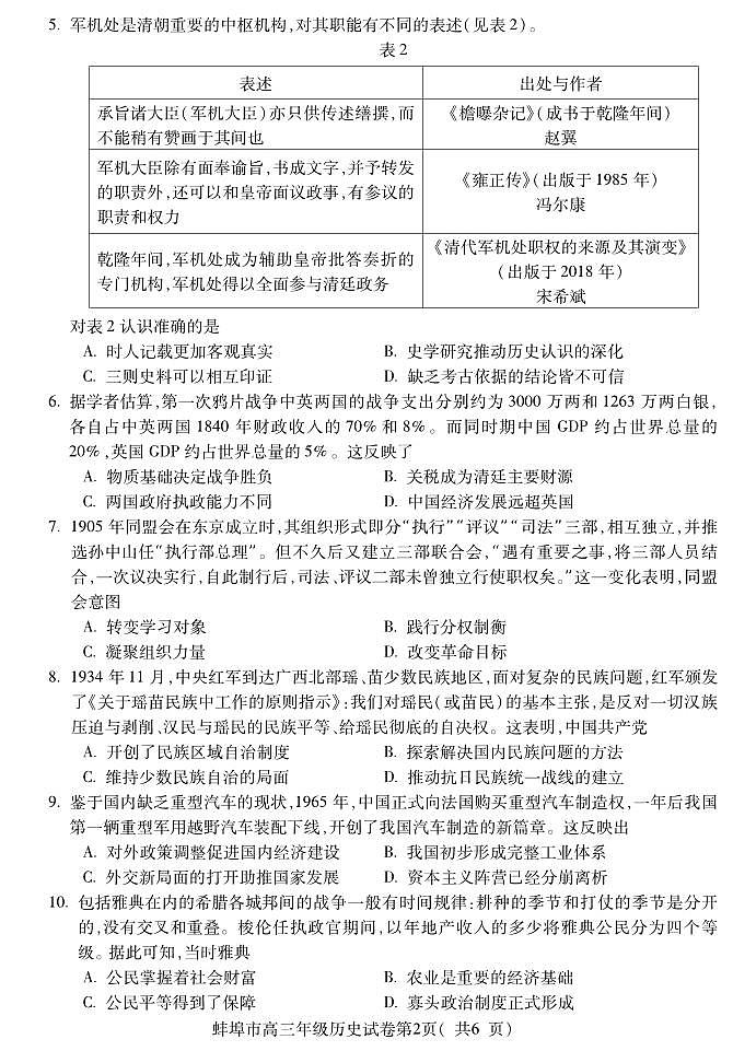 安徽省蚌埠市2025届高三年级上学期8月调研性考试试卷+历史第2页