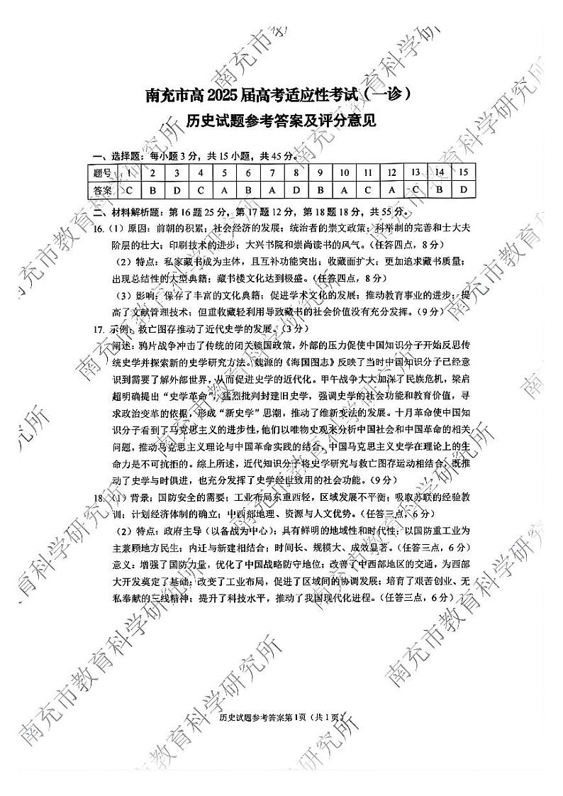 四川省南充市2025届高三高考适应性考试（一诊）历史答案第1页