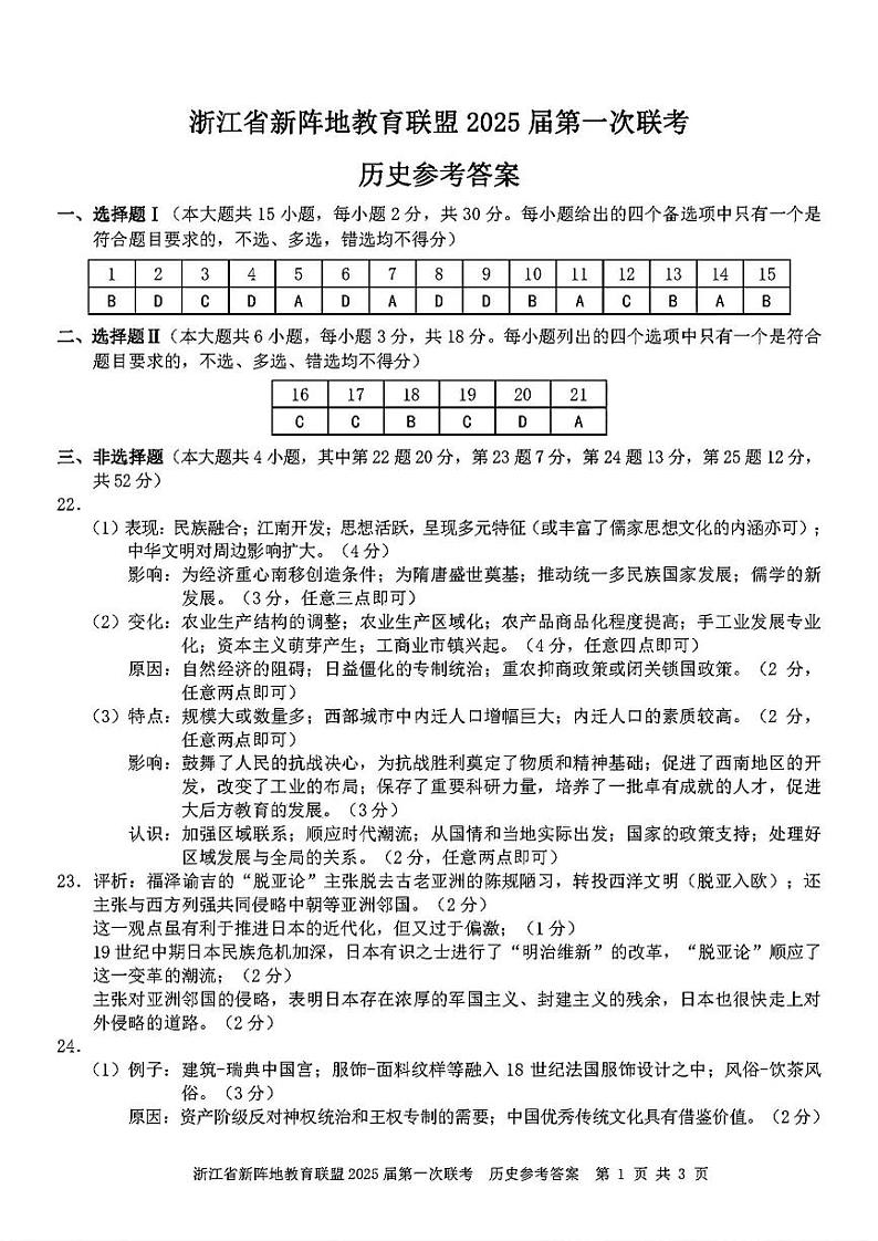浙江省新阵地联盟2025届高三第一次联考试卷+历史答案第1页