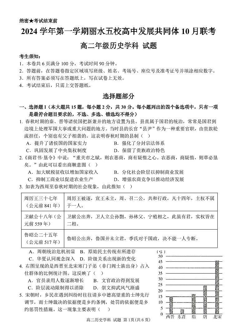丽水五校高中发展共同体2024学年高二第一学期10月联考 历史第1页