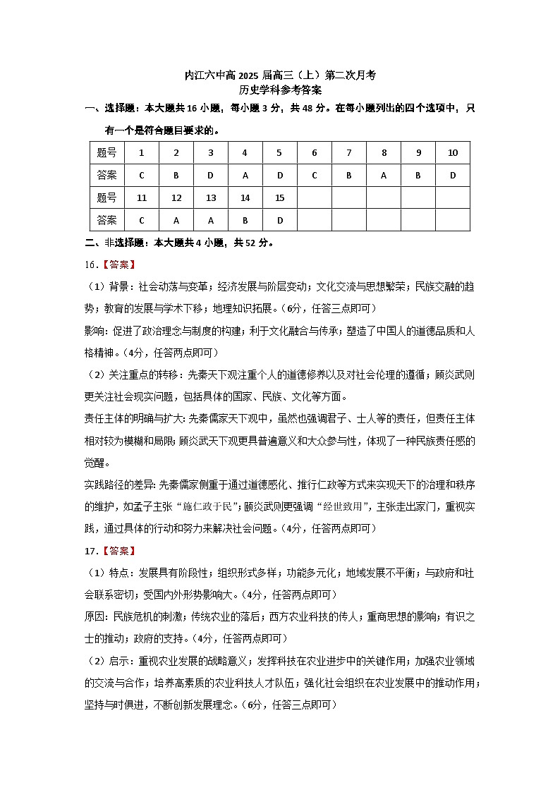四川省内江市第六中学2024-2025学年上期高三第二次月考历史答案第1页
