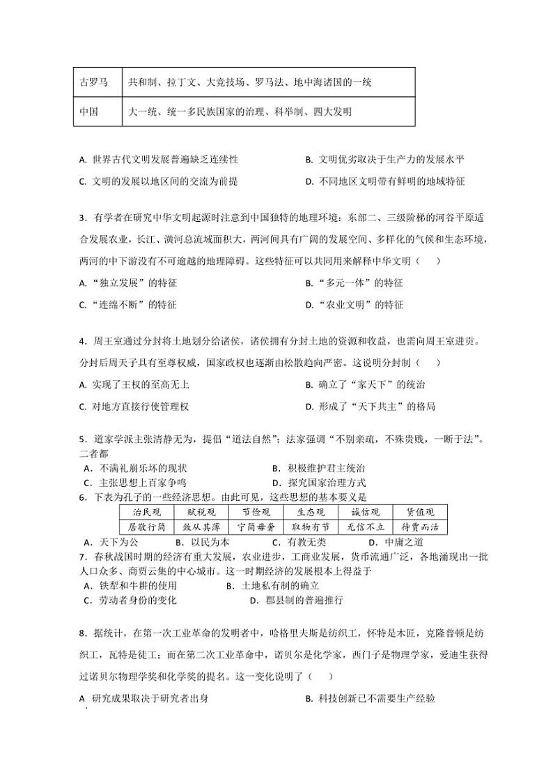 [历史]辽宁省葫芦岛市长江卫生中等职业技术学校2024～2025学年高一上学期10月月考试题(有答案)02
