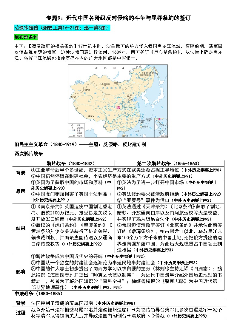 专题9 近代中国各阶级反对侵略的斗争与屈辱条约的签订 知识提纲--2025届高三统编版（2019）必修中外历史纲要上二轮专题复习第1页