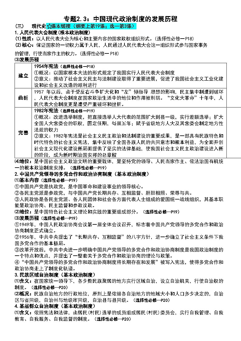 专题2.3 中国现代政治制度的发展历程 知识清单--2025届高三历史统编版（2019）选择性必修1一轮复习第1页