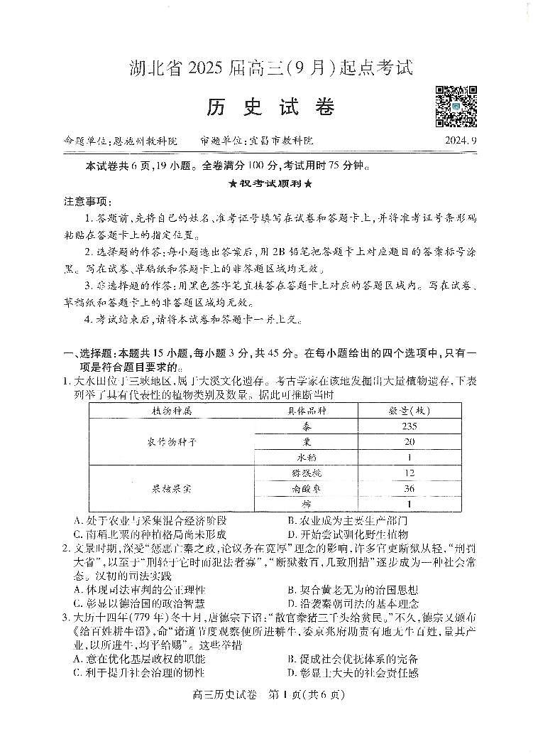 湖北省“宜荆荆恩”2025试卷+届高三9月起点考试试卷+历史第1页