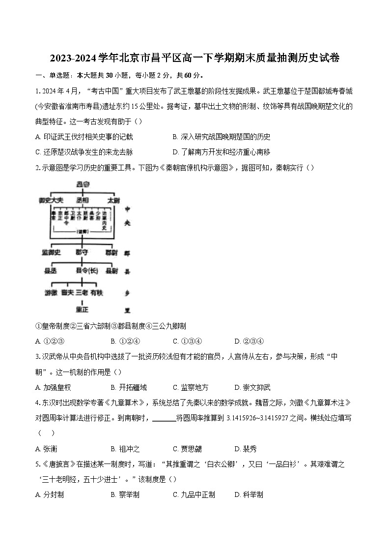 2023-2024学年北京市昌平区高一下学期期末质量抽测历史试卷（含解析）第1页
