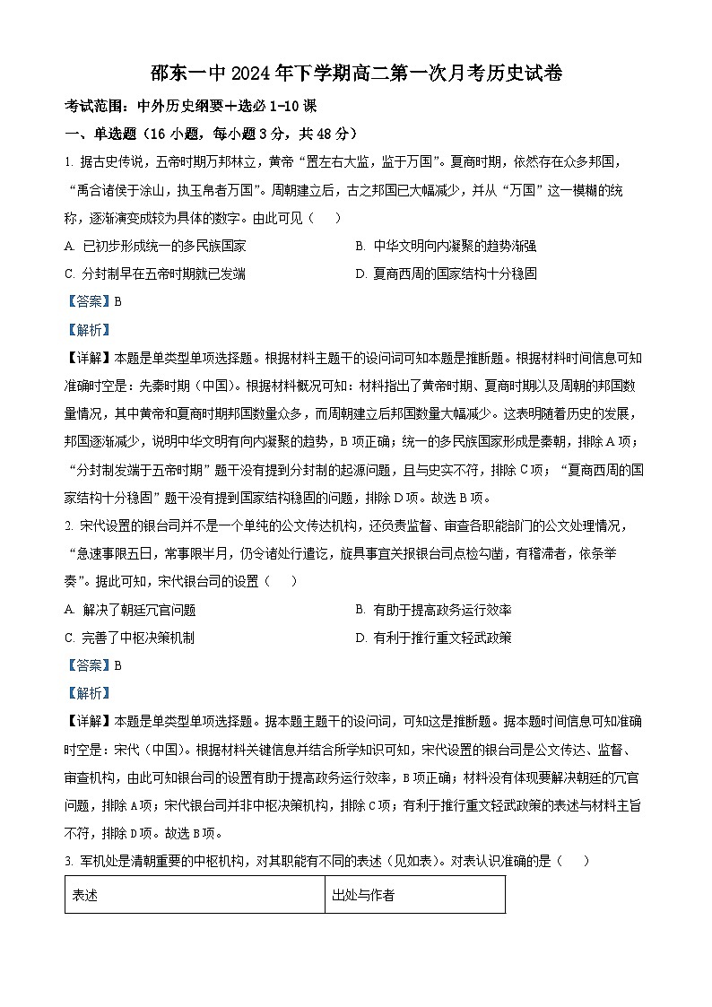 湖南省邵东市第一中学2024-2025学年高二上学期第一次月考历史试题 Word版含解析第1页