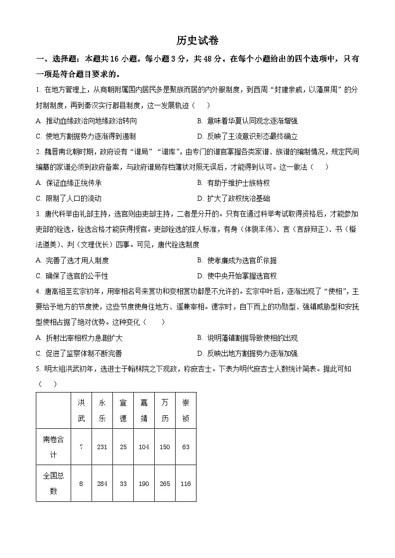 四川省成都市成华区某校2024-2025学年高二上学期10月测试历史试题 Word版无答案第1页