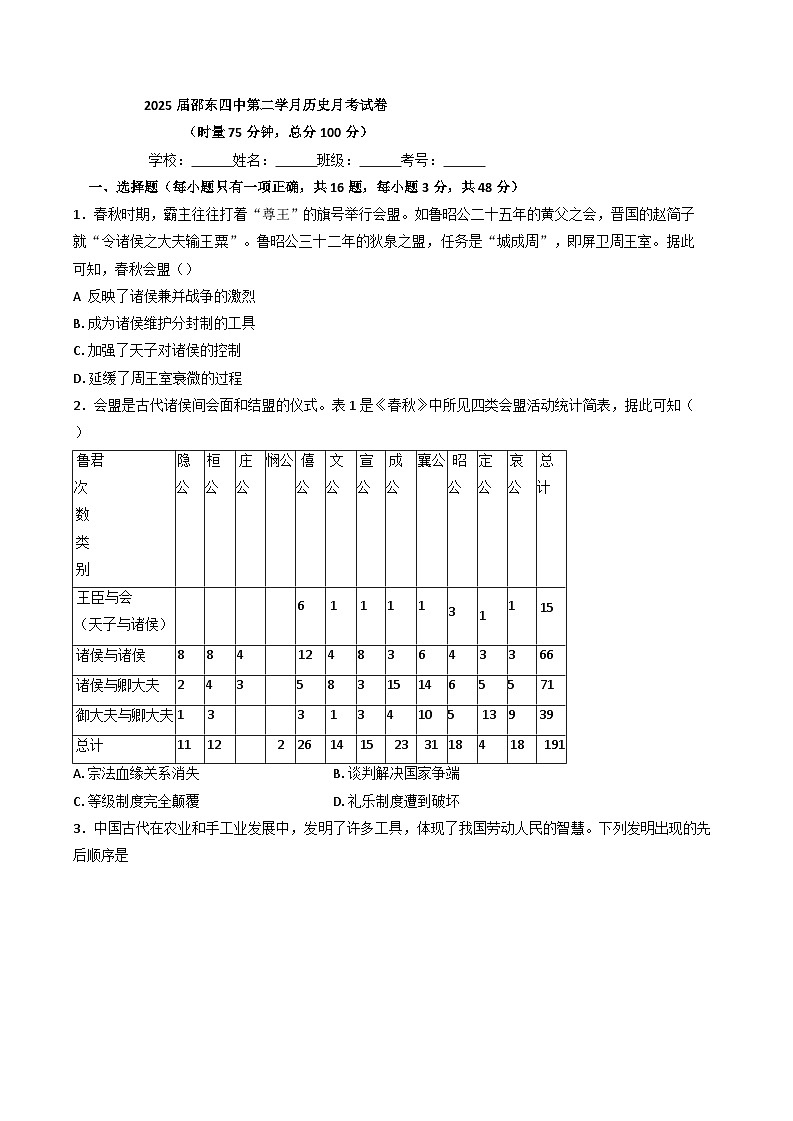 2025届湖南省邵东市第四中学高三上学期二模考试历史试题（含解析）第1页