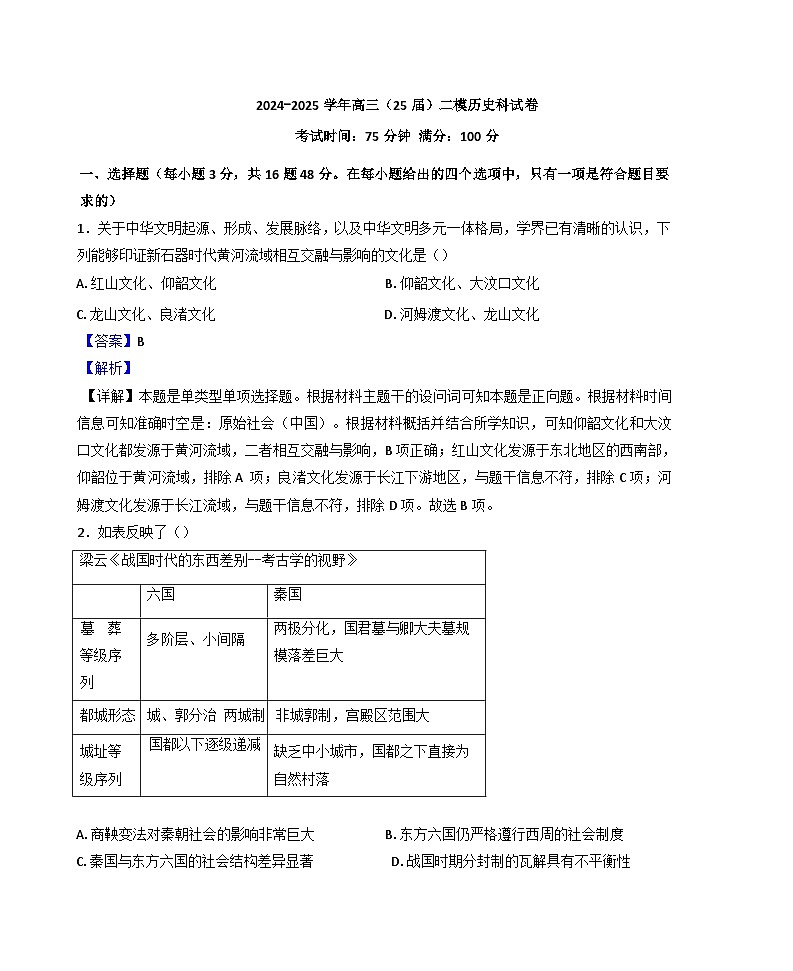 2025届辽宁省点石联考高三上学期二模历史试题（解析版）第1页