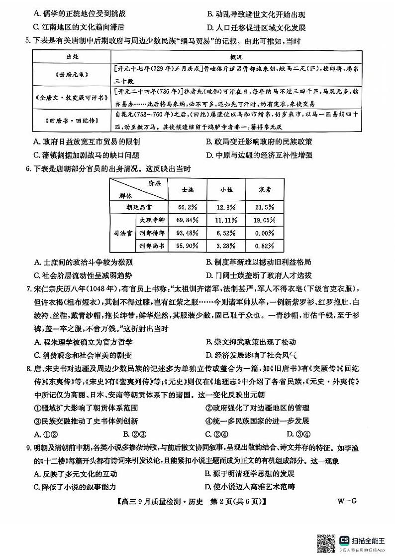 2025届九师联盟质检巩固高三10月考（G）历史试卷及答案第2页