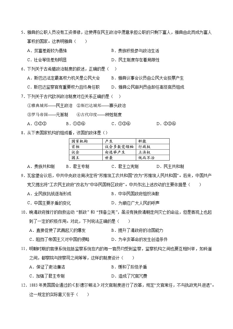 2024-2025学年高二上学期期中模拟考试历史（天津专用，选必1第1~14课）试卷（Word版附解析）02