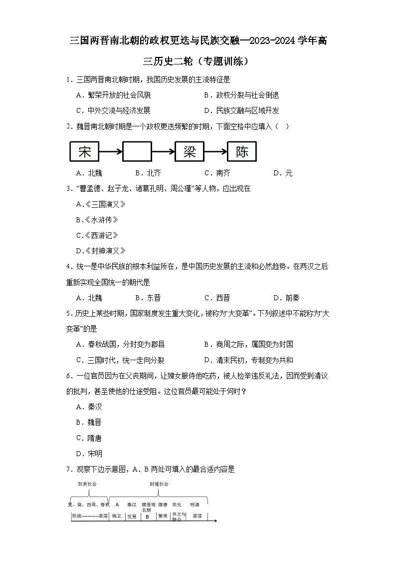三国两晋南北朝的政权更迭与民族交融--2023-2024学年高三历史二轮（专题训练）原卷版第1页