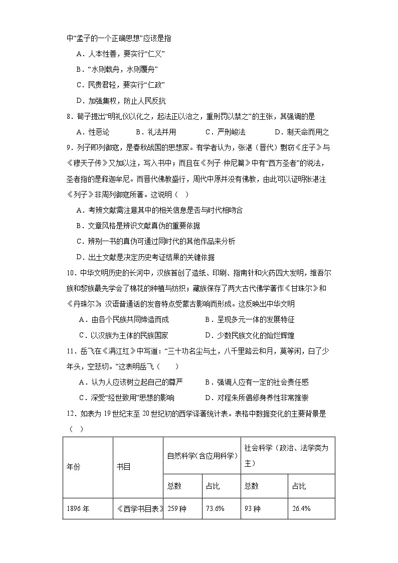 中华优秀传统文化的内涵与特点专项练习--2024届高三历史统编版二轮复习原卷版第2页