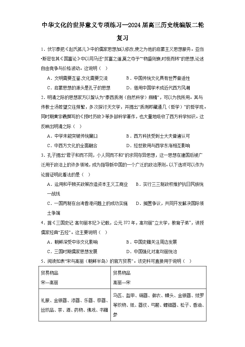 中华文化的世界意义专项练习--2024届高三历史统编版二轮复习原卷版第1页