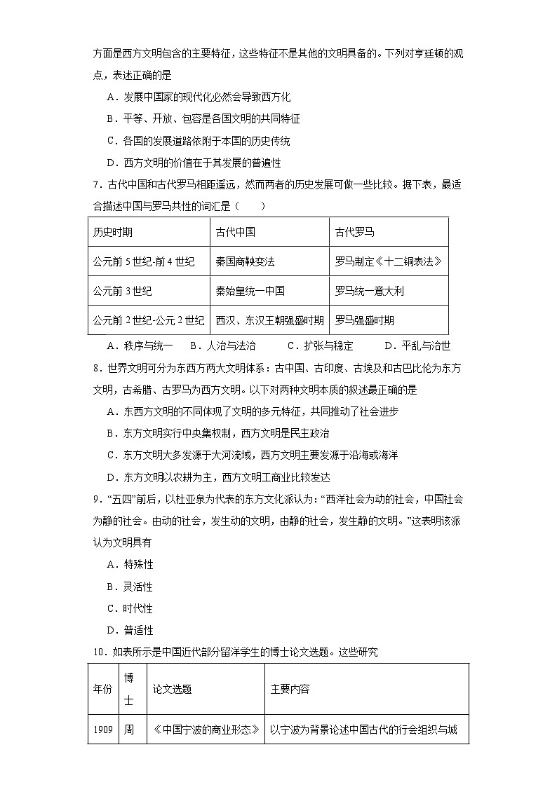 文化类热点-文明差异比较与交流借鉴-2023-2024学年高三历史二轮（专题训练）原卷版第2页