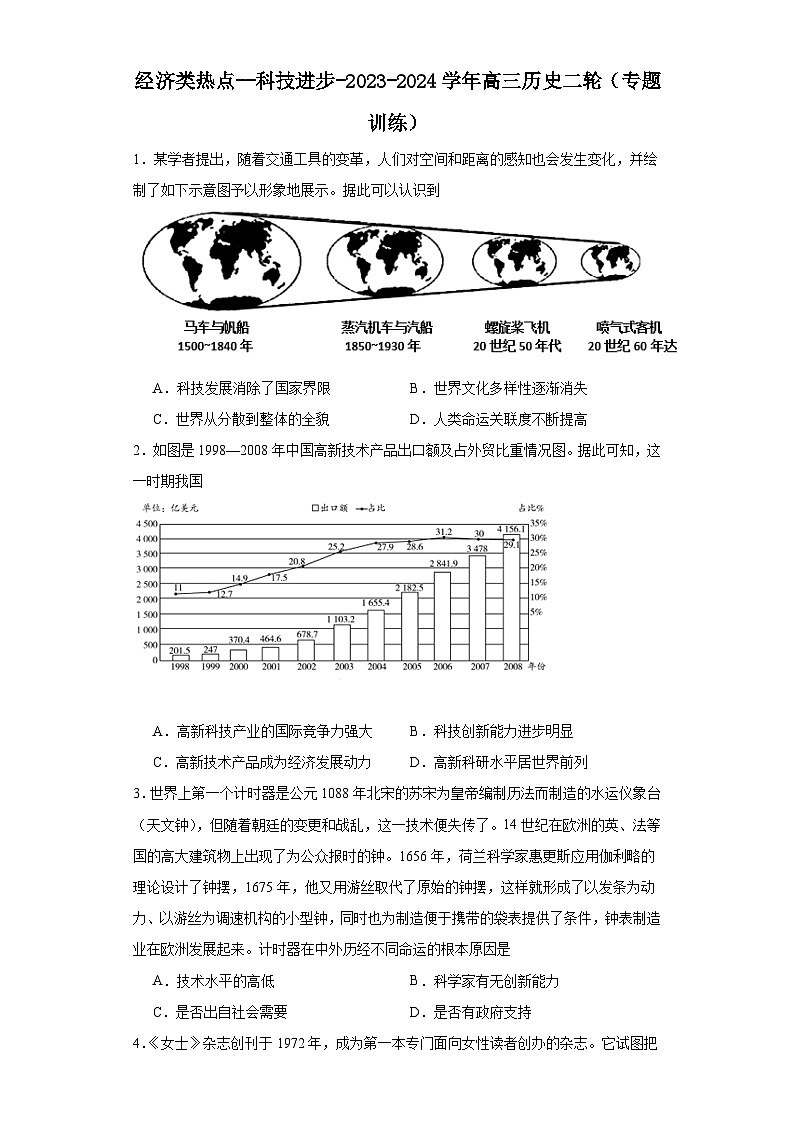 经济类热点--科技进步-2023-2024学年高三历史二轮（专题训练）原卷版第1页