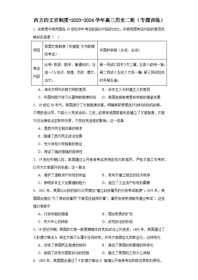 西方的文官制度-2023-2024学年高三历史二轮（专题训练）原卷版第1页