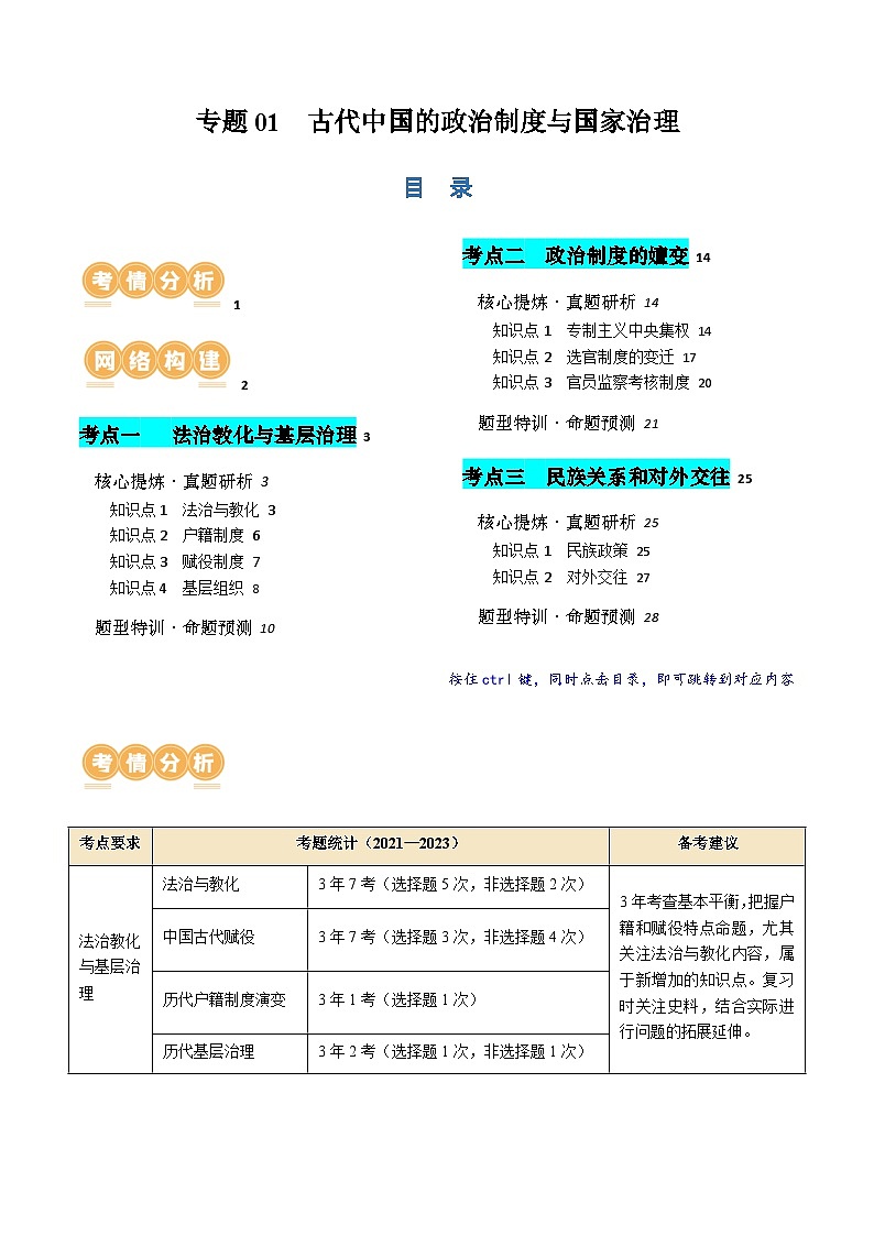 新高考历史二轮复习讲练测专题01 古代中国的政治制度与国家治理（讲义）（2份，原卷版+解析版）01