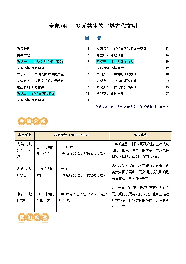 新高考历史二轮复习讲练测专题08 多元共生的世界古代文明（讲义）（原卷版）第1页