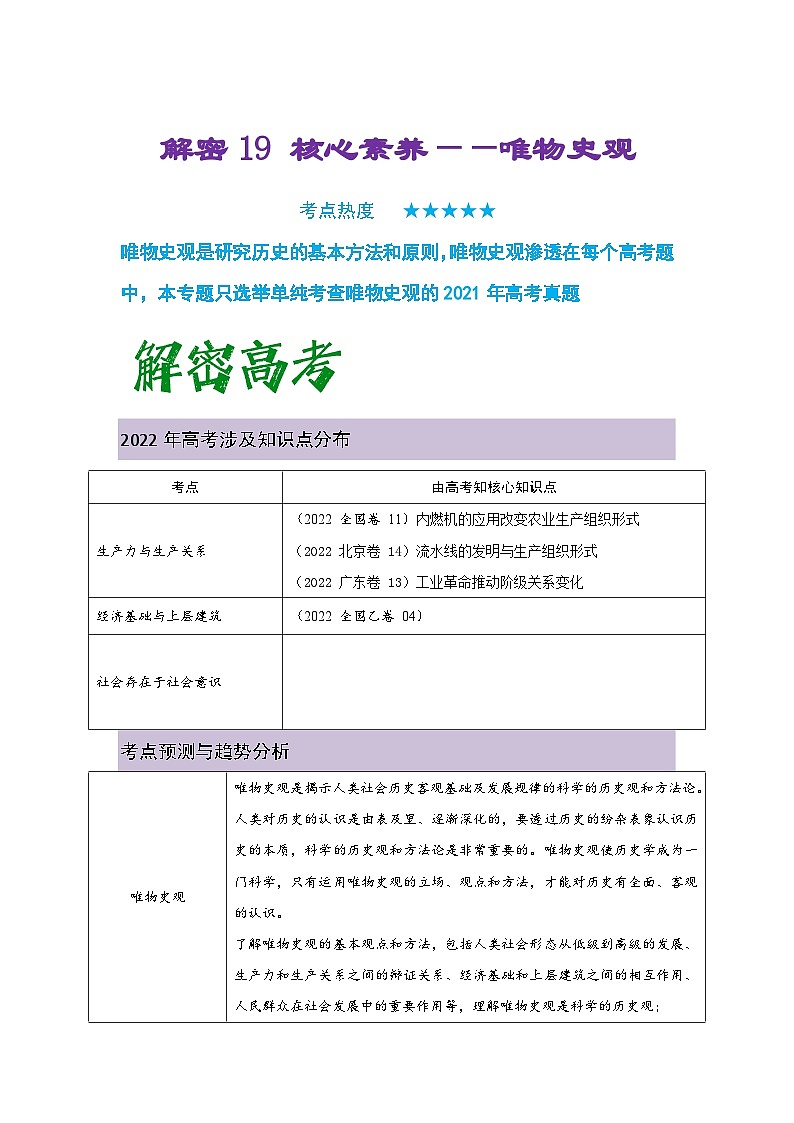 新高考历史二轮复习讲义+分层训练 19 核心素养 唯物史观（含解析）01