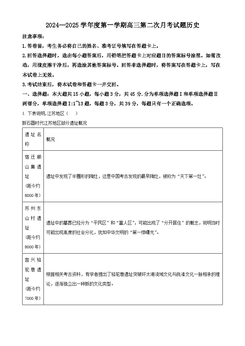 海南省文昌中学2024-2025学年高三上学期第二次月考试题 历史 Word版含答案第1页