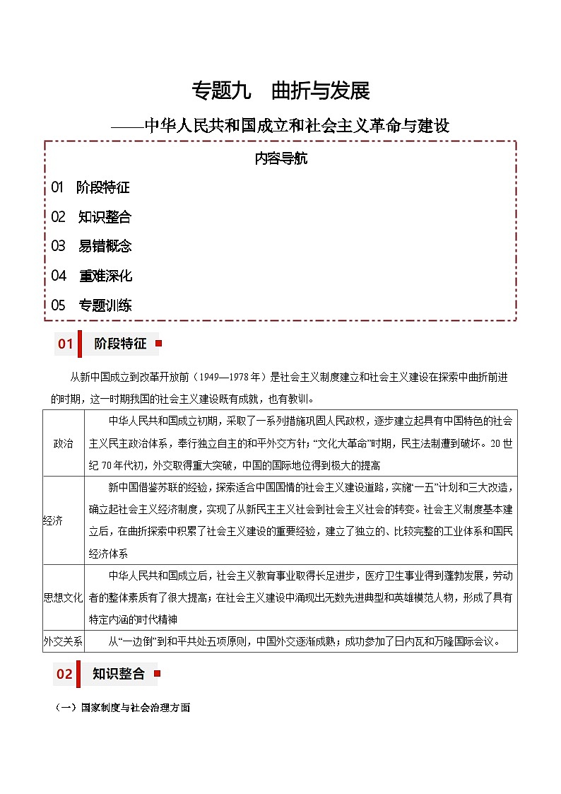新高考历史三轮冲刺知识盘点+训练专题09+曲折与发展——中华人民共和国成立和社会主义革命与建设（含解析）01