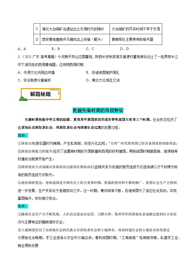 （广东版）新高考历史三轮冲刺押题卷第1题 先秦时期：中华文明探源与大变革（原卷版）第2页