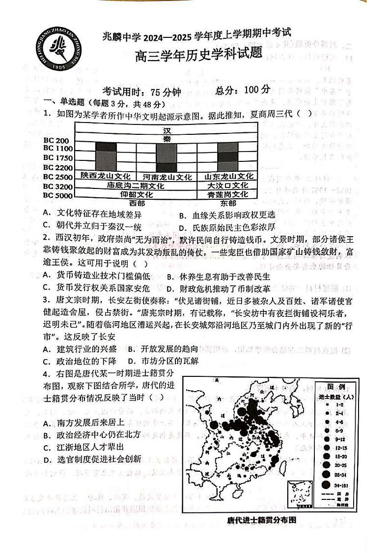 黑龙江省哈尔滨市双城区兆麟中学2024-2025学年高三上学期期中考试历史试卷01