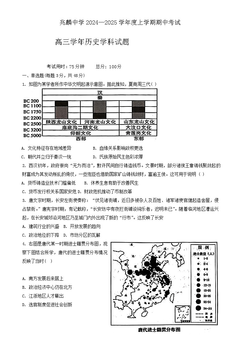 黑龙江省哈尔滨市双城区兆麟中学2024-2025学年高三上学期期中考试历史试卷01
