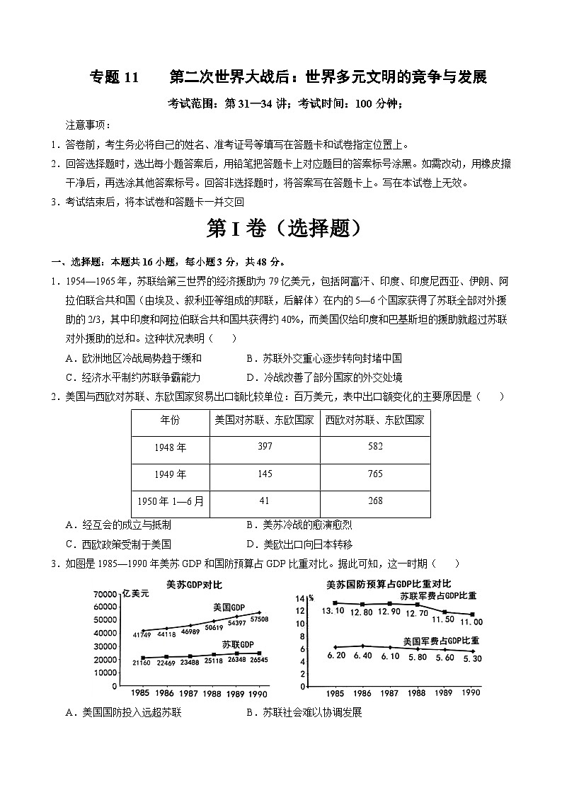 专题11  第二次世界大战后：世界多元文明的竞争与发展（测试卷）-【讲练通透】2025年高考历史一轮复习（高考新教材）01