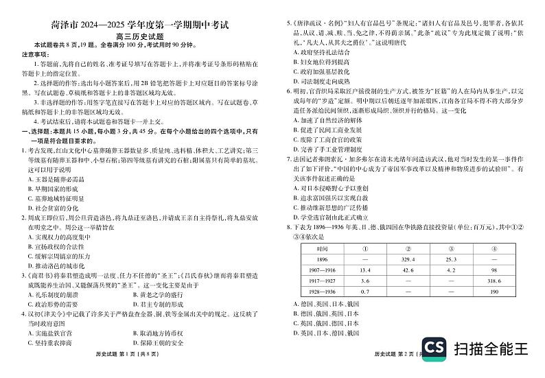 山东省菏泽市2024-2025学年高三上学期期中考试历史试题第1页