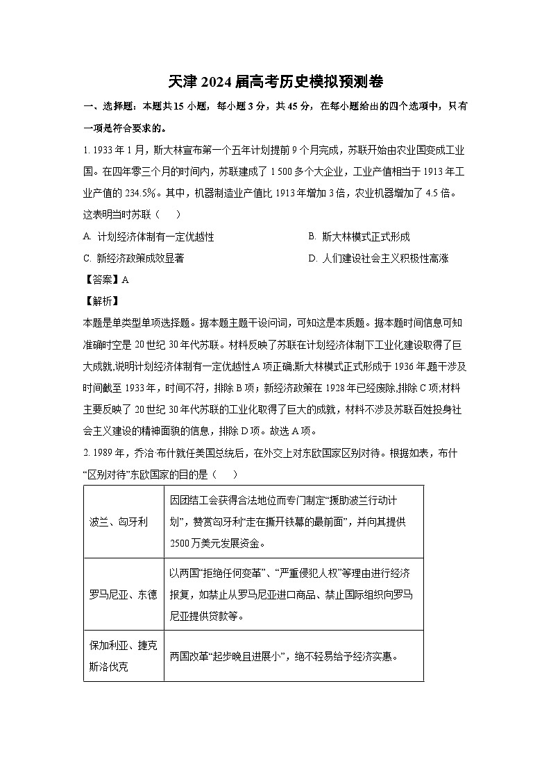 天津2024届高考模拟预测卷历史试卷（解析版）第1页